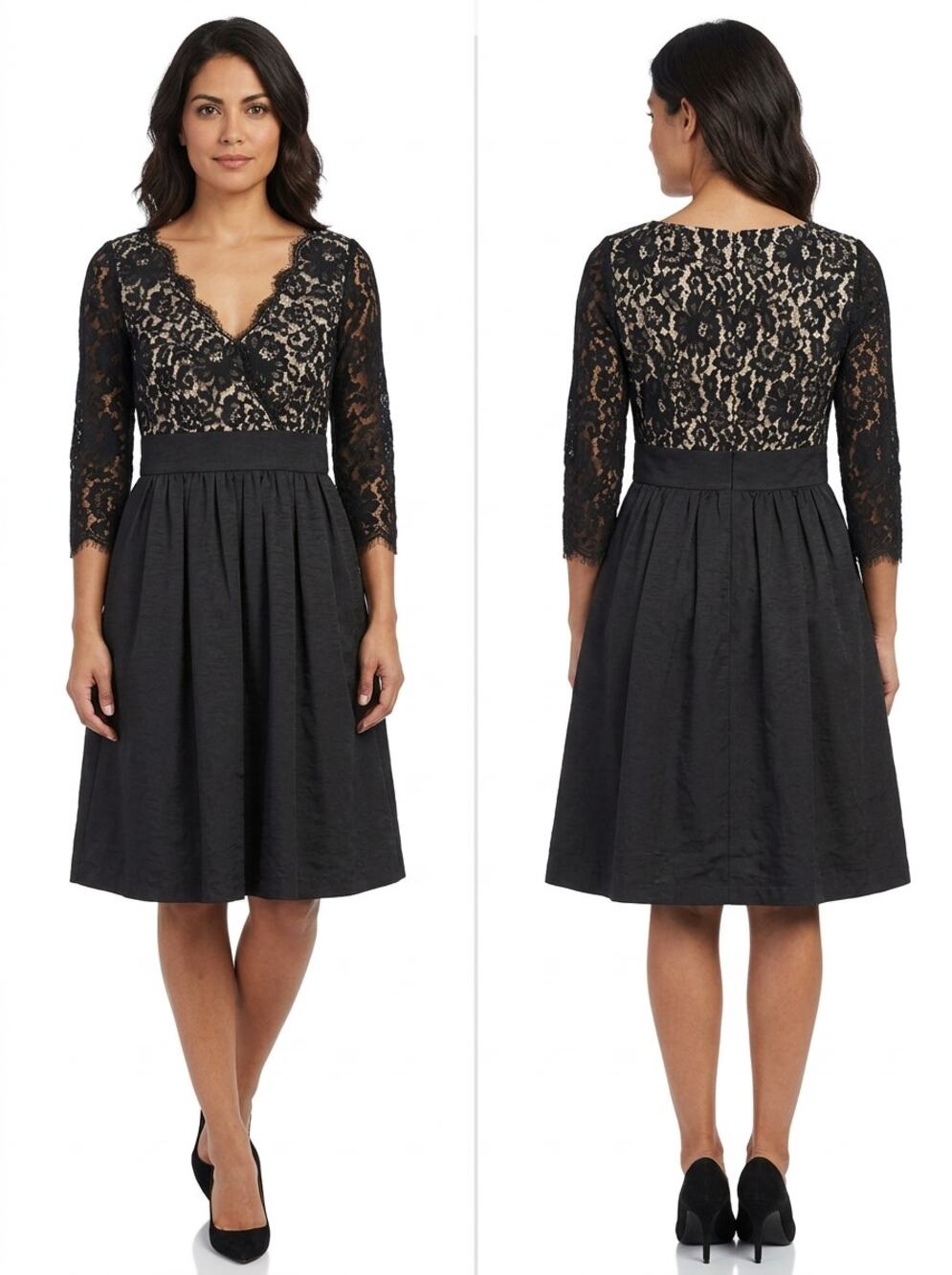 Eliza J Black Lace V-Neck 3/4 Sleeve Pleated A-Line Dress Women Size 4
